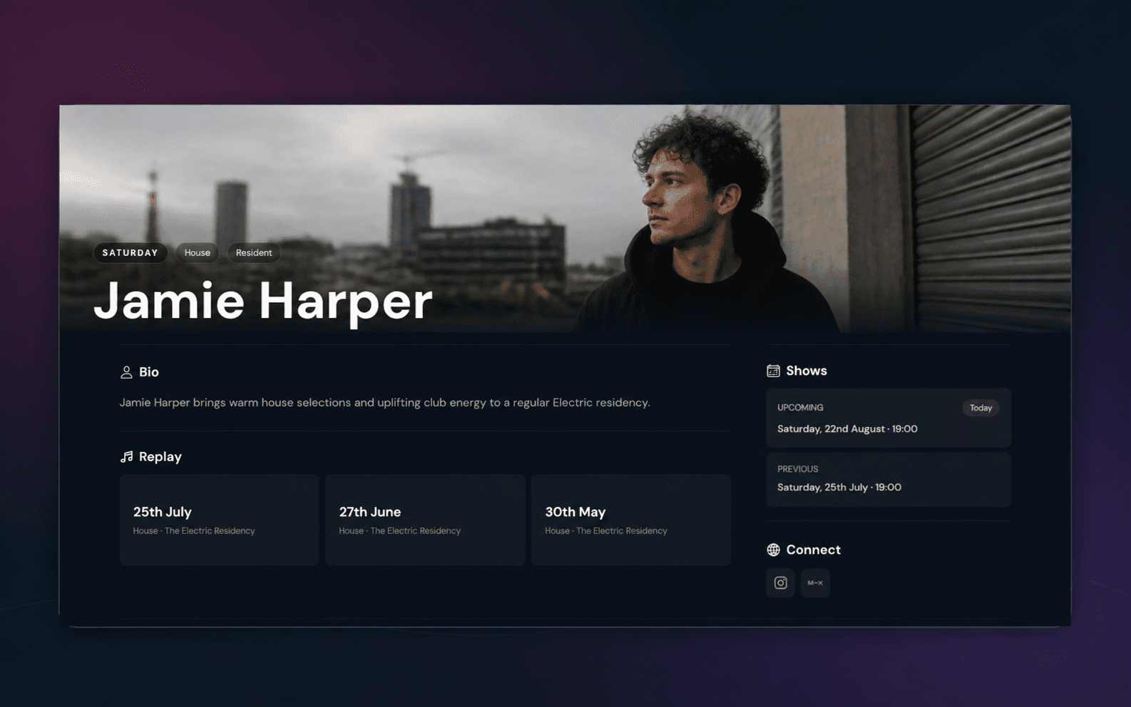 Electric DJ profile, upcoming shows and replay preview