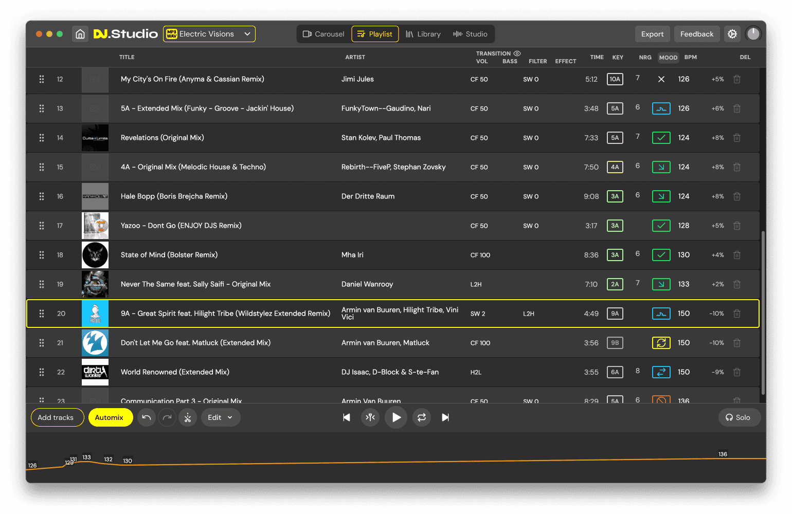 DJ.Studio playlist builder with tracks arranged for a mix