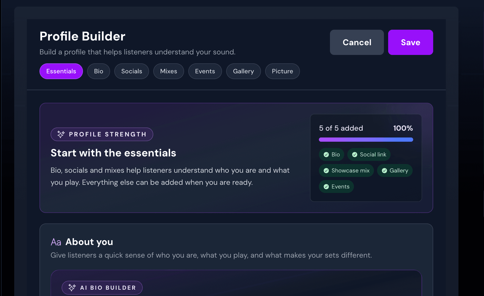 Electric profile builder screen