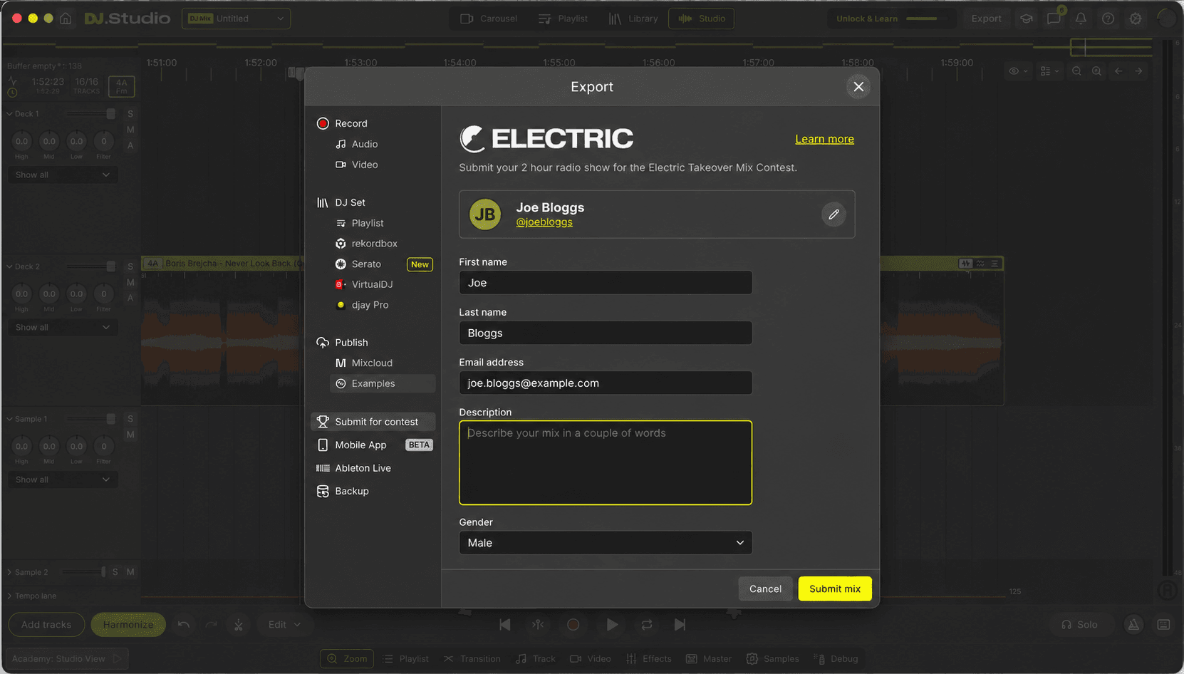 DJ.Studio export window used to submit a mix