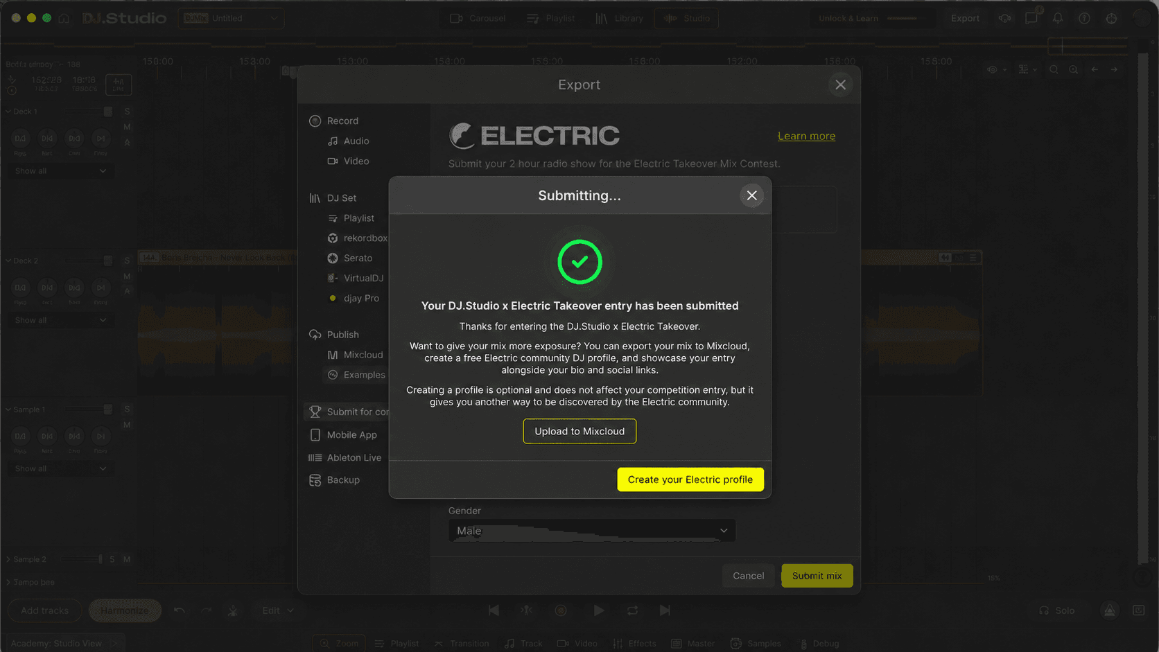 DJ.Studio takeover entry confirmation screen