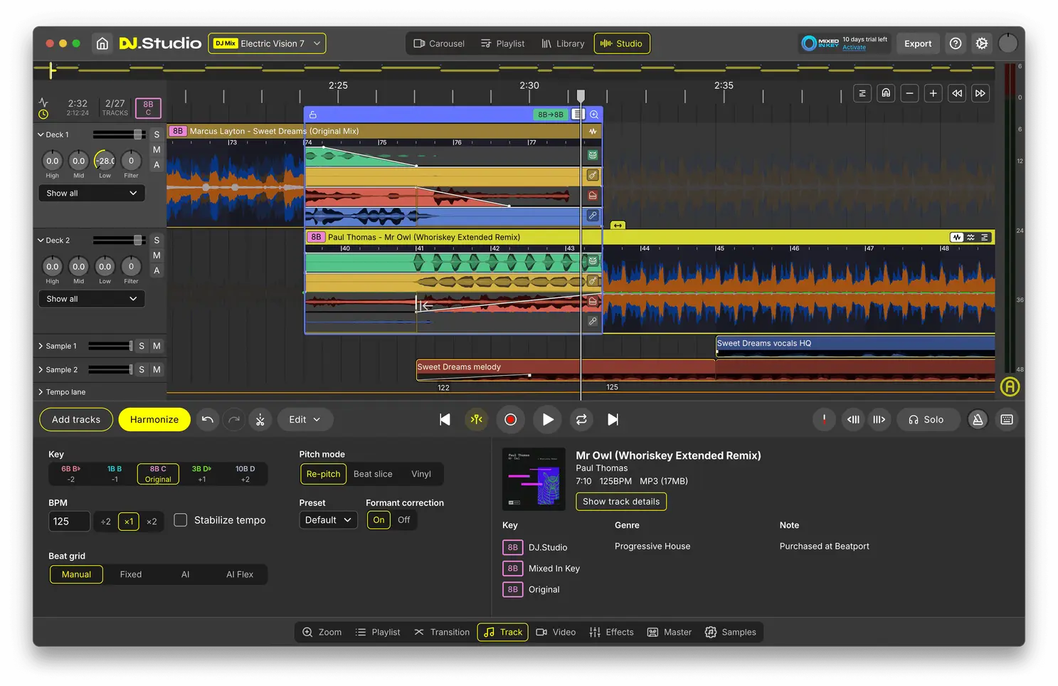 DJ.Studio transition editing screen