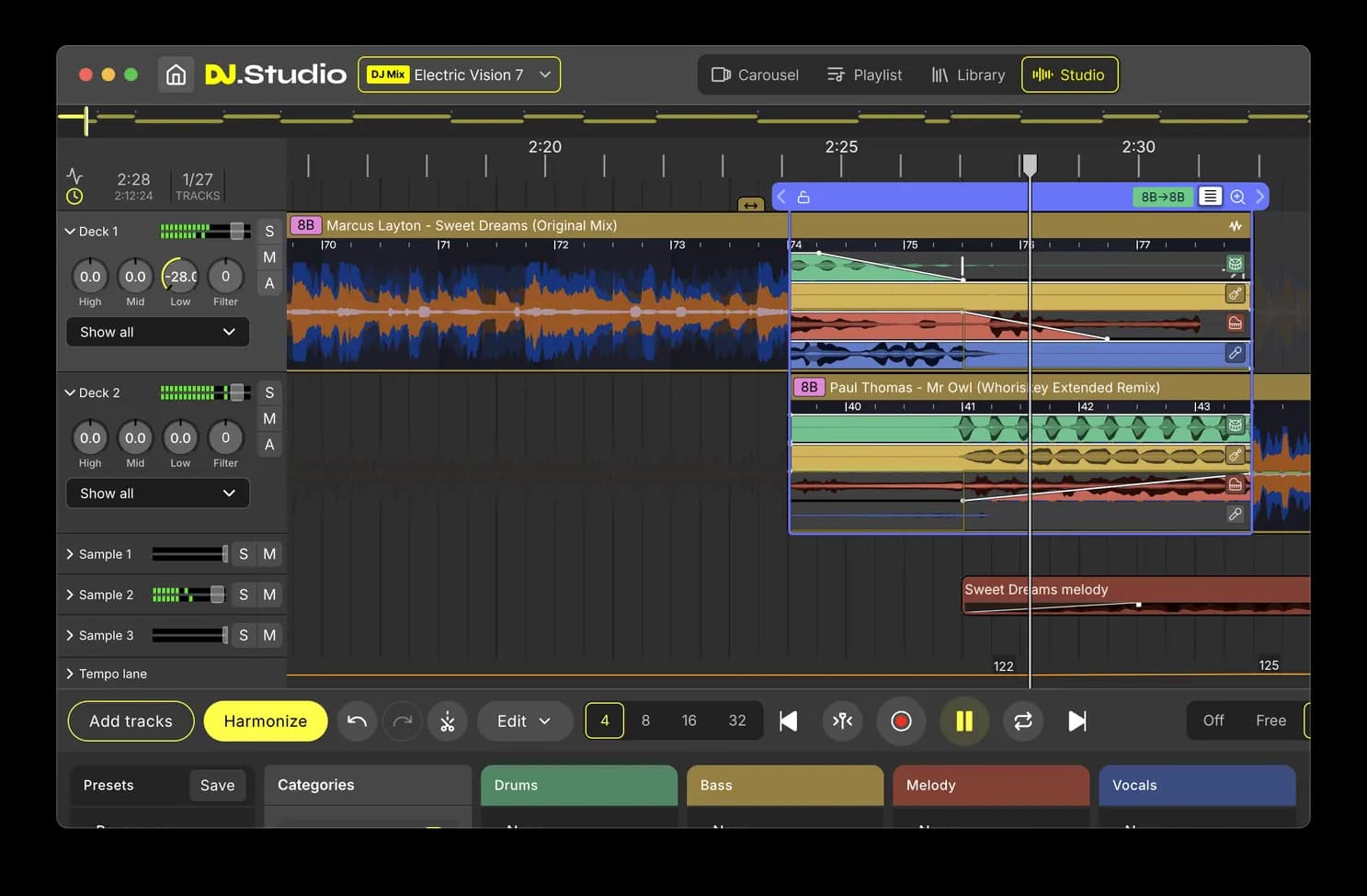 DJ.Studio project timeline and track details screen