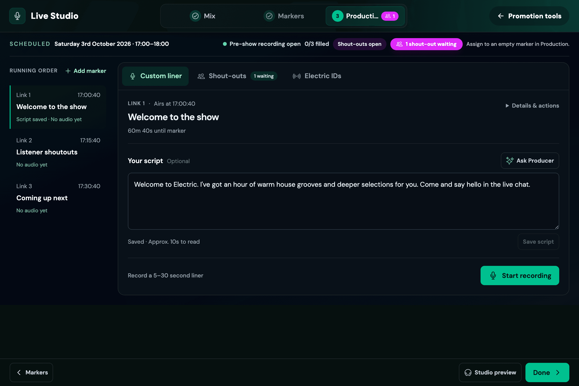 Live Studio workspace showing the running order, script and voice recording controls