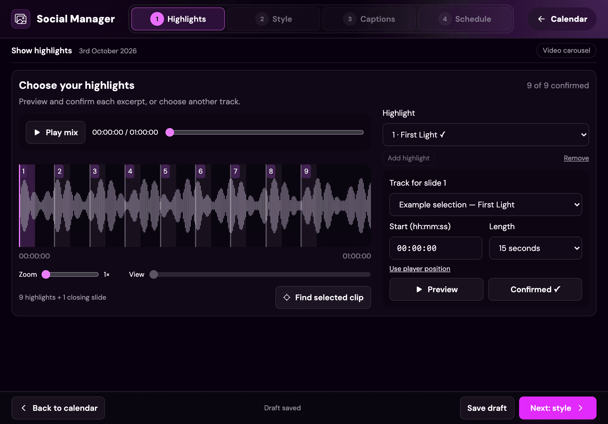 Social Manager showing mix highlights selected for a promotional carousel